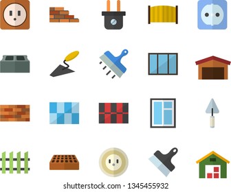 Color flat icon set brick wall flat vector, window, trowel, sockets, tile, putty knife, fence, socket, plug, warehouse