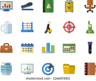 Color flat icon set briefcase flat vector, calendar, coffee, computer chart, statistic, file, abacus, telephone, office chair, target, tie, copy machine, archive, businessman, stapler, notebook