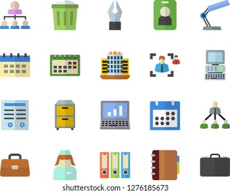 Color flat icon set briefcase flat vector, nurse, calendar, recruitment, ink pen, reading lamp, hierarchy, archive, contract, computer, folders for papers, hotel fector, pass, trash can, notebook