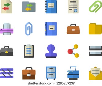 Color flat icon set briefcase flat vector, clipboard, notebook, computer file, printer, paper tray, copy machine, archive, contract, stamp, textbook, share, sharing, clip, message