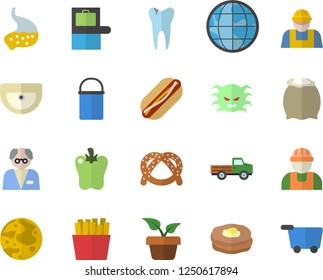 Color flat icon set builder flat vector, sink, hiking pot, flour, bagel, hot dog, bell pepper, French fries, pancakes, home plant, pickup truck, earth, virus, caries, stomach, moon, scientist