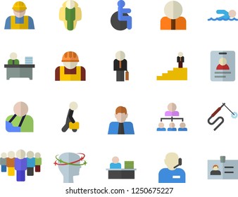 Color flat icon set builder flat vector, construction worker, welding, person, team, disabled, injury, headache, phone operator, office, hierarchy, businessman, career ladder, swimming, lose weight