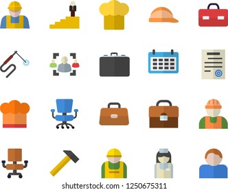 Color flat icon set builder flat vector, hard hat, hammer, cook, construction worker, welding, case, calendar, briefcase, nurse, recruitment, office chair, contract, career ladder, user