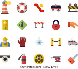 Color flat icon set builder flat vector, door lock, barrier, potholder, gloves, radiation, laser, lighthouse, ambulance, helicopter, VIP area fector, escalator, pets allowed, surveillance camera