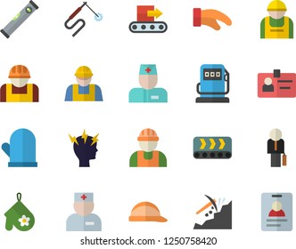 Color flat icon set builder flat vector, level meter, hard hat, potholder, refueling, conveyor, construction worker, welding, mining, physician, headache, badge, businessman