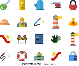 Color flat icon set builder flat vector, door lock, hard hat, barrier, potholder, gloves, laser, welding, lighthouse, helicopter, escalator fector, hospital, safe, key, lifebuoy