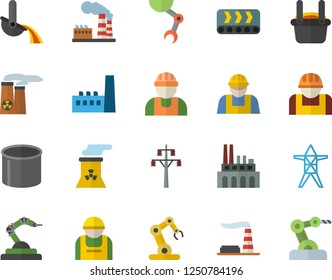 Color flat icon set builder flat vector, factory, power line support, manufactory, plant, conveyor, construction worker, pipe production, robotics, metallurgy, robot hand, nuclear, industrial