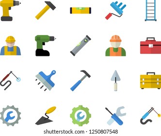 Color flat icon set builder flat vector, trowel, tool, drill screwdriver, bag, ladder, paint roller, level meter, repair, putty knife, hammer, welding