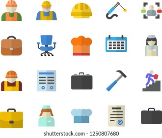 Color flat icon set builder flat vector, hard hat, hammer, cook, construction worker, welding, case, calendar, nurse, recruitment, office chair, contract, career ladder, briefcase