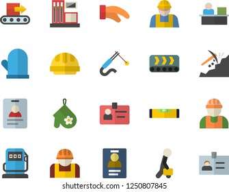 Color flat icon set builder flat vector, level meter, hard hat, potholder, gas station, refueling, conveyor, construction worker, welding, mining, badge, office, businessman