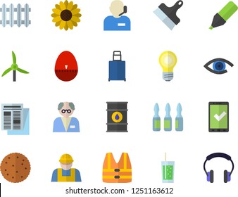 Color flat icon set builder flat vector, putty knife, kitchen egg timer, biscuit, soda, flower, windmill, oil tanks, radiator, marker, news, ampoule, phone operator, scientist, check in fector, eye