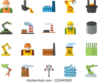 Color flat icon set builder flat vector, factory, power line support, manufactory, construction worker, fabric manufacture, pipe production, robotics, metallurgy, robot hand, nuclear plant