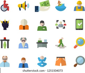 Color flat icon set builder flat vector, person, investments, telephone operator, disabled, headache, recruitment, office worker, scientist, athletic shorts, yoga, hike fector, control gate, surfing