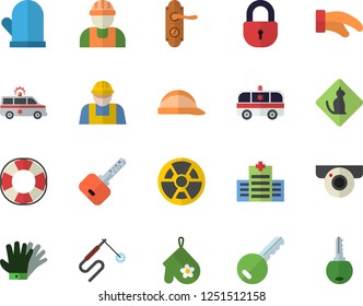 Color flat icon set builder flat vector, door lock, hard hat, potholder, gloves, radiation, welding, ambulance, hospital fector, pets allowed, surveillance camera, key, lifebuoy