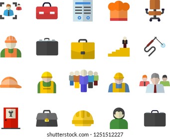 Color flat icon set builder flat vector, hard hat, cook, construction worker, welding, case, team, briefcase, recruitment, office chair, contract, career ladder, doctor's fector, user