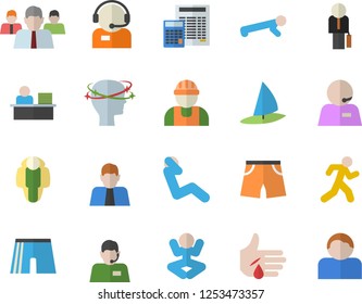 Color flat icon set builder flat vector, calculator, person, team, telephone operator, injury, headache, phone, office worker, businessman, athletic shorts, yoga, push up, swing press, run, user