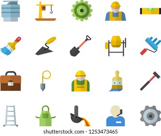 Color flat icon set builder flat vector, concrete mixer, trowel, paint brush, roller, level meter, construction plummet, ax, apron, shovel, ladder, worker, crane, metallurgy, cogwheel, briefcase