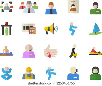 Color flat icon set builder flat vector, calculator, person, team, telephone operator, massage, injury, recruitment, phone, businessman, yoga, gymnastics, squats, indentity card fector, control gate