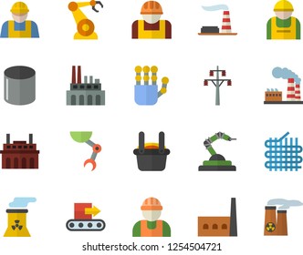 Color flat icon set builder flat vector, factory, power line support, manufactory, plant, conveyor, construction worker, fabric manufacture, pipe production, robotics, metallurgy, robot hand