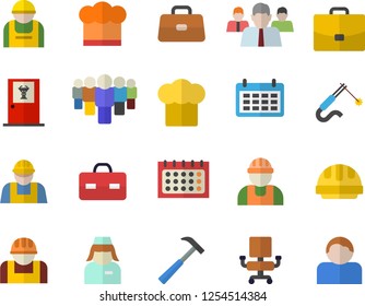 Color flat icon set builder flat vector, hard hat, hammer, cook, construction worker, welding, case, team, calendar, briefcase, nurse, office chair, doctor's fector, user