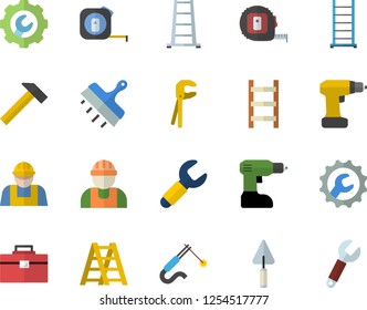 Color flat icon set builder flat vector, trowel, tool, drill screwdriver, tape measure, bag, ladder, repair, putty knife, hammer, welding, wrench