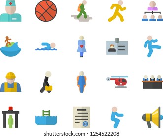 Color flat icon set builder flat vector, physician, helicopter, gestation, meeting, hierarchy, contract, businessman, basketball, swimming, gymnastics, squats, run, size, hike fector, control gate