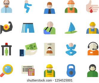 Color flat icon set builder flat vector, calculator, construction worker, person, investments, telephone operator, injury, scientist, weight, muscles, athletic shorts, yoga, squats, control gate