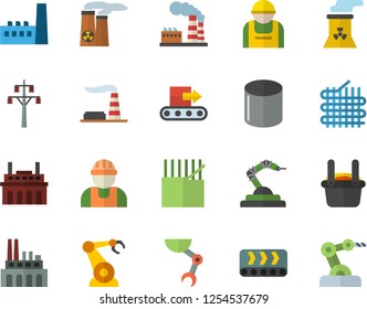 Color flat icon set builder flat vector, factory, power line support, manufactory, plant, conveyor, construction worker, fabric manufacture, pipe production, robotics, metallurgy, robot hand
