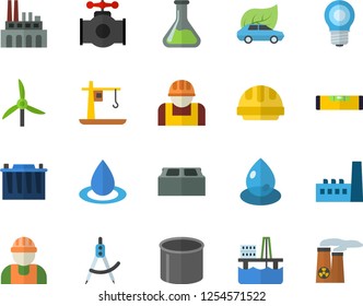 Color flat icon set builder flat vector, level meter, hard hat, brick, oil production platform, main pipeline, windmill, chemistry, accumulator, lamp, manufactory, plant, construction worker, drop