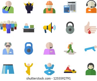 Color flat icon set builder flat vector, calculator, team, telephone operator, massage, injury, headache, phone, office worker, scientist, weight, athletic shorts, yoga, push up, gymnastics, user