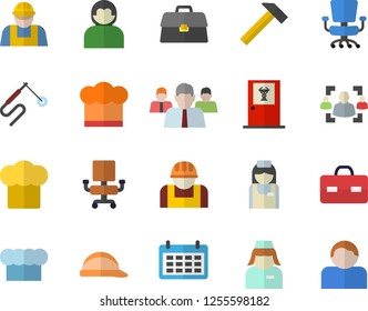 Color flat icon set builder flat vector, hard hat, hammer, cook, construction worker, welding, team, calendar, briefcase, nurse, recruitment, office chair, doctor's fector, user