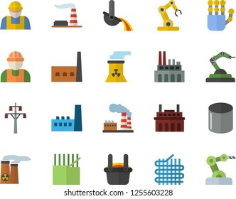 Color flat icon set builder flat vector, factory, power line support, manufactory, plant, fabric manufacture, pipe production, robotics, metallurgy, robot hand, nuclear, industrial