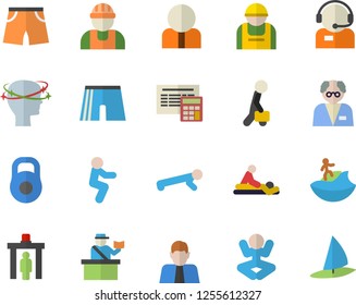 Color flat icon set builder flat vector, calculator, construction worker, person, telephone operator, massage, headache, businessman, scientist, weight, athletic shorts, yoga, squats, push up