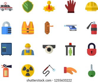 Color flat icon set builder flat vector, door lock, hard hat, potholder, gloves, radiation, laser, welding, ambulance, helicopter, control gate fector, surveillance camera, security, safe, life vest