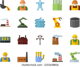 Color flat icon set builder flat vector, factory, power line support, manufactory, plant, conveyor, construction worker, fabric manufacture, pipe production, robotics, metallurgy, robot hand