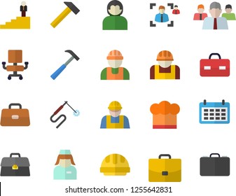 Color flat icon set builder flat vector, hard hat, hammer, cook, construction worker, welding, case, team, calendar, briefcase, nurse, recruitment, office chair, career ladder, user