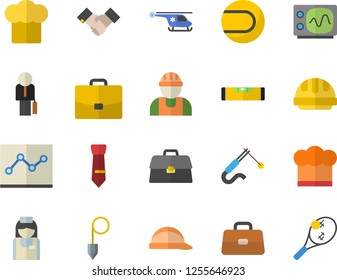 Color flat icon set builder flat vector, level meter, hard hat, construction plummet, cook, welding, case, briefcase, helicopter, nurse, point diagram, tie, agreement, businessman, oscilloscope