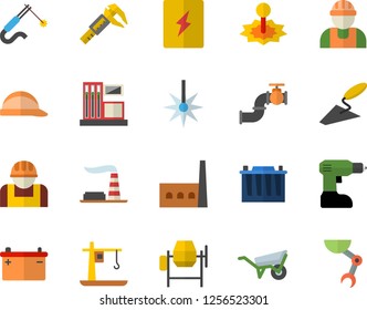 Color flat icon set builder flat vector, concrete mixer, trowel, wheelbarrow, drill screwdriver, hard hat, switch box, trammel, main pipeline, gas station, factory, accumulator, manufactory, crane