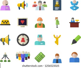 Color flat icon set builder flat vector, person, target audience, marker, team, computer diagnostics of health, physician, gestation, badge, phone operator, hierarchy, yoga, gymnastics, taxi, user