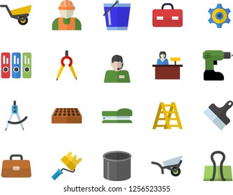 Color flat icon set builder flat vector, drill screwdriver, ladder, paint roller, putty knife, brick, bucketful, garden wheelbarrow, pipe production, dividers, cogwheel, telephone operator, folder