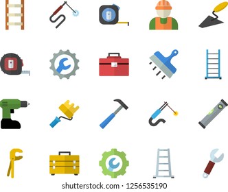 Color flat icon set builder flat vector, trowel, tool, drill screwdriver, tape measure, bag, ladder, paint roller, level meter, repair, putty knife, hammer, welding, wrench