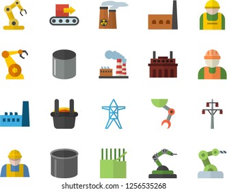 Color flat icon set builder flat vector, factory, power line support, manufactory, plant, conveyor, construction worker, fabric manufacture, pipe production, robotics, metallurgy, robot hand