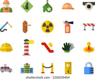 Color flat icon set builder flat vector, door lock, hard hat, barrier, potholder, gloves, radiation, laser, welding, lighthouse, ambulance, VIP area fector, escalator, hospital, pets allowed