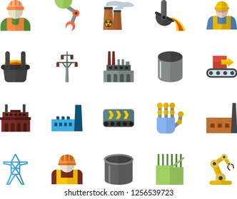 Color flat icon set builder flat vector, power line support, manufactory, plant, conveyor, construction worker, fabric manufacture, pipe production, metallurgy, robot hand, nuclear, industrial