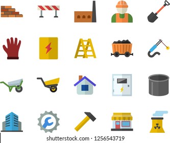 Color flat icon set builder flat vector, brick wall, wheelbarrow, ladder, switch box, repair, hammer, barrier, grain warehouse, shovel, garden, house, gloves, manufactory, pipe production, welding