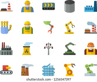 Color flat icon set builder flat vector, factory, power line support, manufactory, plant, conveyor, construction worker, fabric manufacture, pipe production, robotics, robot hand, nuclear