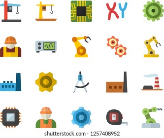 Color flat icon set builder flat vector, cogwheel, tape measure, factory, manufactory, construction worker, crane, motherboard, robotics, dividers, chromosomes, oscilloscope, industrial robot