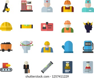 Color flat icon set builder flat vector, level meter, hard hat, potholder, gas station, refueling, conveyor, construction worker, mining, physician, headache, badge, businessman