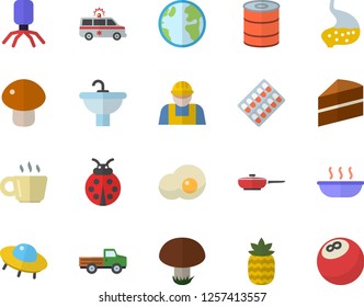 Color flat icon set builder flat vector, sink, frying pan, cake, canned food, mushroom, soup, scrambled eggs, pineapple, pickup truck, ladybird, earth, pill packaging, virus, ambulance, stomach, ufo