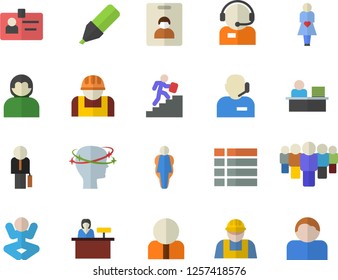 Color flat icon set builder flat vector, construction worker, person, marker, team, telephone operator, headache, gestation, badge, phone, office, businessman, career ladder, yoga, size, menu, user